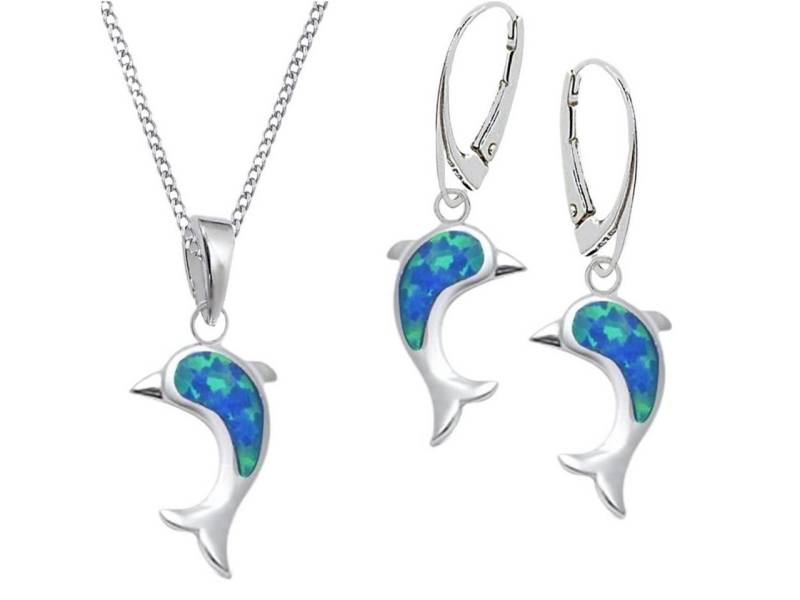 Goldene Hufeisen Schmuckset Schmuckset Opal Delfin Brisur Ohrringe Anhänger Kette 925 Silber (4-tlg, inkl. Etui), Damen Geschenkset von Goldene Hufeisen