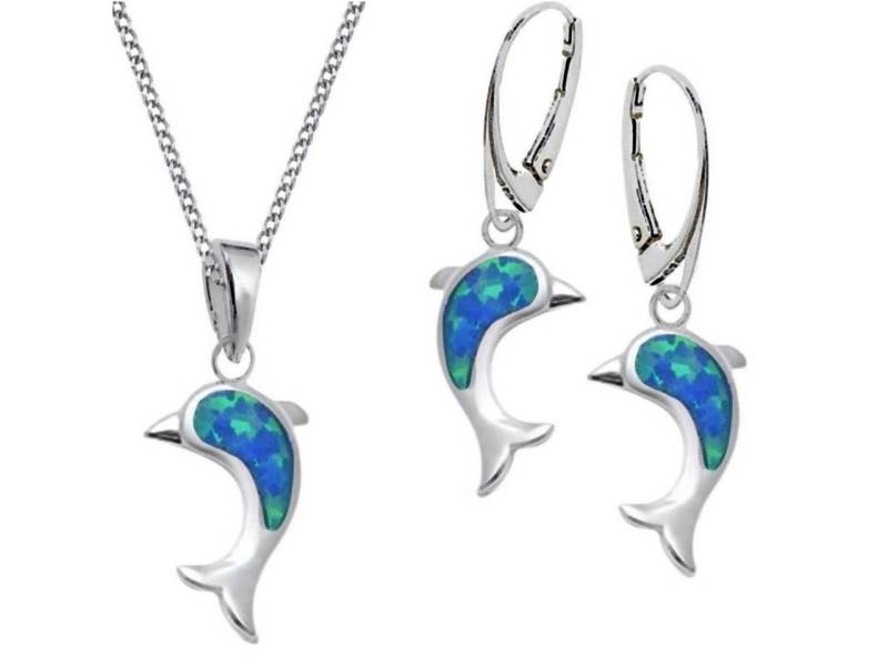Goldene Hufeisen Schmuckset Silberset mit synth. Blaue Opale und Delfinmotiven, 03519 (Set, inkl. Geschenk-Schmuckbox), Opalschmuck Geschenkset von Goldene Hufeisen