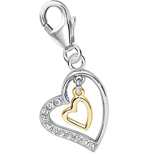 Herzen Karabiner Charm Anhänger für Bettelarmband aus 925 Sterling-Silber Gold mit Zirkonia von Goldene Hufeisen