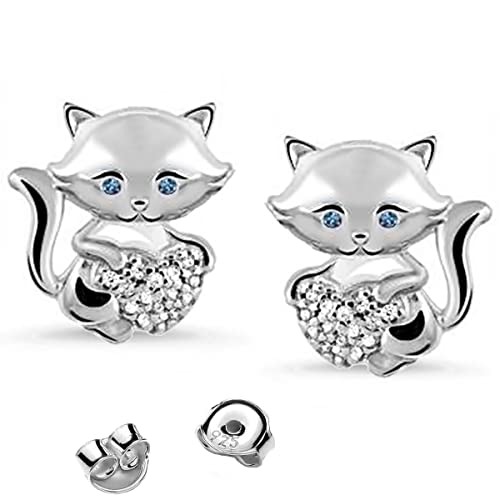 Katze mit Herz Ohrstecker aus 925 Sterling Silber mit Zirkonia Kristall Ohrringe von Goldene Hufeisen