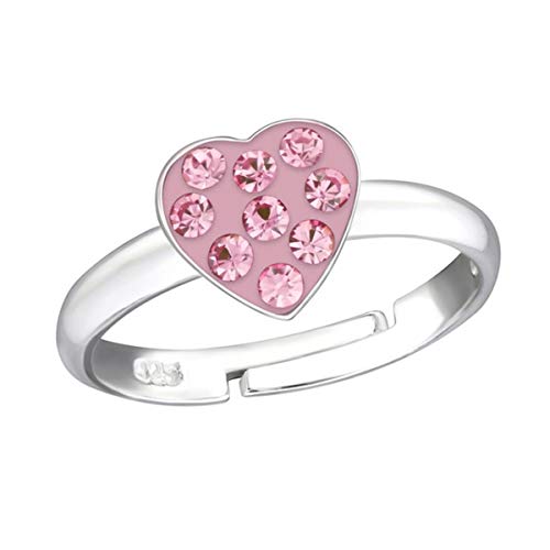 Kinder Ring 925 Echt Silber Mädchen Fingerring Emaille Kristalle Verstellbar (Herz CZ Rosa / 6mm) von Goldene Hufeisen