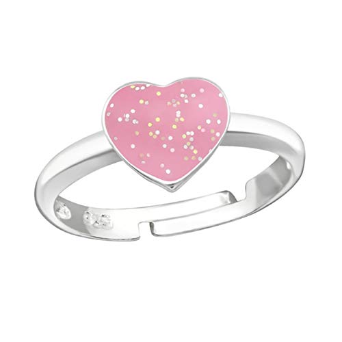 Kinder Ring 925 Echt Silber Mädchen Fingerring Emaille Kristalle Verstellbar (Herz Glitzer Rosa / 7mm) von Goldene Hufeisen