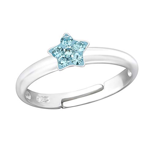 Kinder Ring 925 Echt Silber Mädchen Fingerring Emaille Kristalle Verstellbar (Stern CZ Blau / 5mm) von Goldene Hufeisen