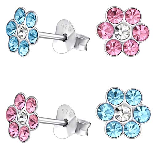 Kristall Blume Ohrstecker 925 Echt Silber Ohrringe Kinder Mädchen Geschenkidee (1) 2 Paar Blau + Rosa) von Goldene Hufeisen