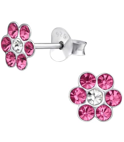 Kristall Blume Ohrstecker 925 Echt Silber Ohrringe Kinder Mädchen Geschenkidee (Pink) von Goldene Hufeisen