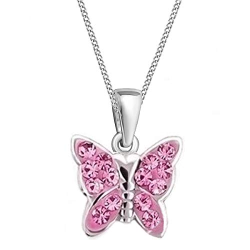 Kristall Schmetterling ANHÄNGER + 40cm KETTE 925 Echt Silber Mädchen Baby Kinder Halskette (4) Rosa) von Goldene Hufeisen