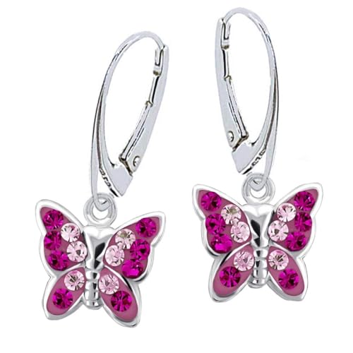 Kristall Schmetterling Klapp-Brisur Ohrringe 925 Echt Silber Mädchen Kinder Ohrstecker Ohrhänger (1a) Magenta-Rosa) von Goldene Hufeisen