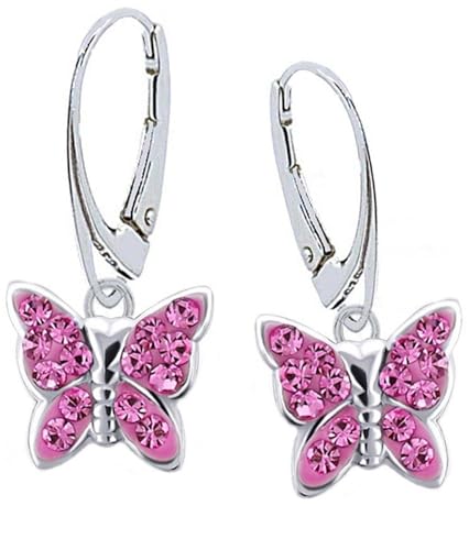 Kristall Schmetterling Klapp-Brisur Ohrringe 925 Echt Silber Mädchen Kinder Ohrstecker Ohrhänger (3) Rosa) von Goldene Hufeisen