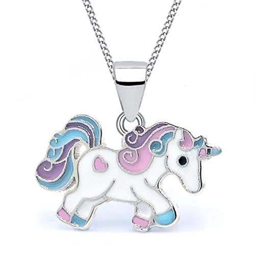 Goldene Hufeisen Mädchen Anhänger Kette Einhorn Sterlingsilber mit Emaille 38 cm Kinderkette Halskette von Goldene Hufeisen