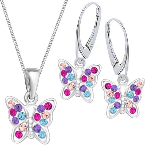 Mädchen Kinder Kristall Schmetterling Brisur Ohrringe + Anhänger + 40cm Kette 925 Silber Set (Multicolor) von Goldene Hufeisen