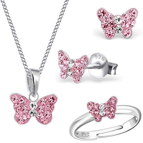 Mini Rosa Kristall Schmetterling Ring + Anhänger + Halskette + Ohrstecker 925 Echt Silber Mädchen Kinder Set (38) von Goldene Hufeisen