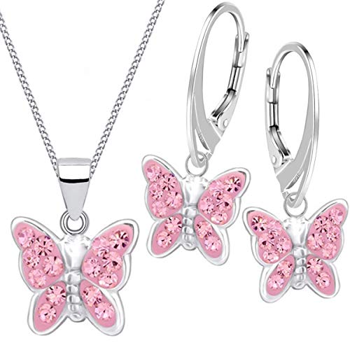 FÜR DICH Kristall Schmetterling Brisur Ohrringe + Anhänger + Kette 925 Silber Mädchen Kinder Set (38) von Goldene Hufeisen