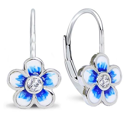 Blume Blau Ohrringe Mädchen Silber 925 Hängend mit Zirkonia Stein von Goldene Hufeisen