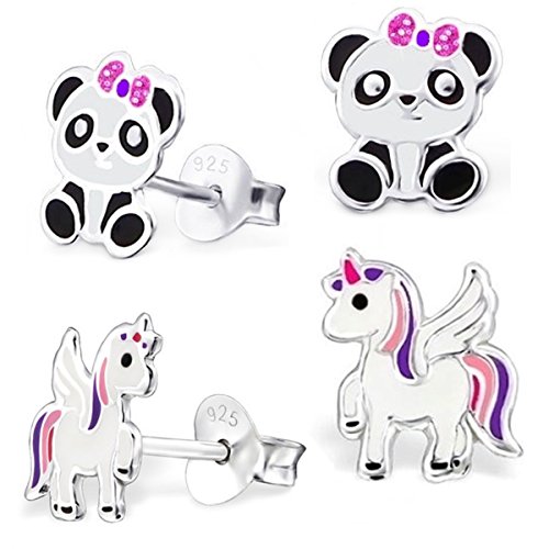 2 Paar Ohrstecker Set Ohrringe Mädchen Silber 925 mit Emaille Einhorn Pferd mit Panda (Panda-Einhorn) von Goldene Hufeisen