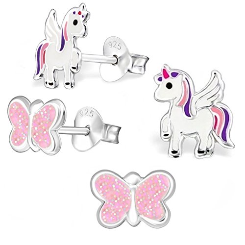 2 Paar Einhorn + Glitzer Schmetterling Set Ohrstecker 925 Echt Silber Mädchen Kinder Ohrringe von Goldene Hufeisen