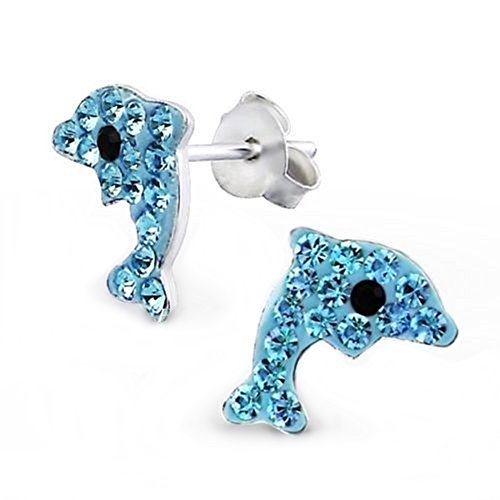 Blau Kristall Delfin Ohrstecker Ohrringe 925 Echt Silber Mädchen Damen Ohrhänger Delphin von Goldene Hufeisen