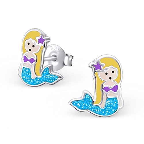 Glitzer Blau Meerjungfrau Ohrstecker 925 Echt Silber Ohrringe Mädchen Kinder (Blau) von Goldene Hufeisen