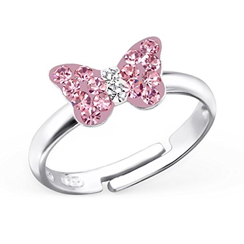 Goldene Hufeisen Kleine Rosa Kristall Schmetterling Ring 925 Echt Silber Mädchen Kinder/Verstellbar von Goldene Hufeisen