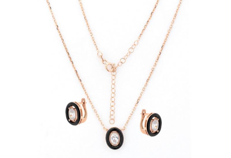 Golders Schmuckset Ohrringe + Collier aus 925 Silber, vergoldet (mit Zirkonia umrahmt in weißer oder schwarzer Emaille, 3-tlg), Elegante Halskette 45cm Kettenlänge Perfektes Schmuck Geschenk von Golders