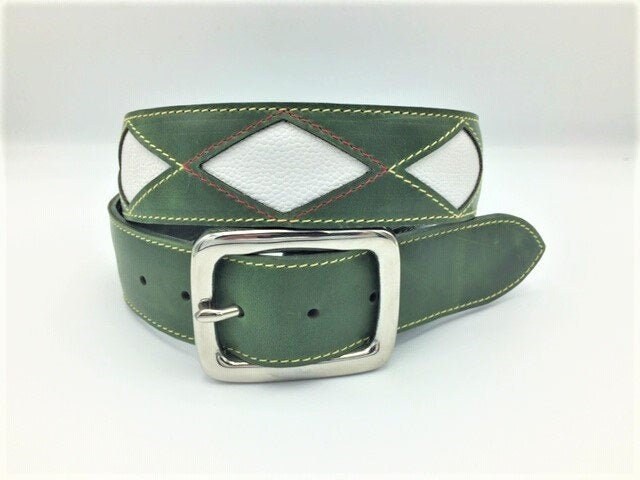 Gürtel Im Vintagestyle 100% Leder/ Grün-Weiß von GoldhanLeathergoods