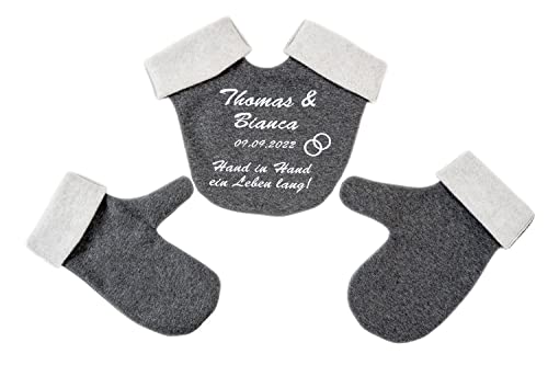 Goldi-Design Partnerhandschuhe für Brautpaare personalisiert mit Namen und Hochtzeitsdatum aus Doppelfacefleece - grau/weiß von Goldi-Design