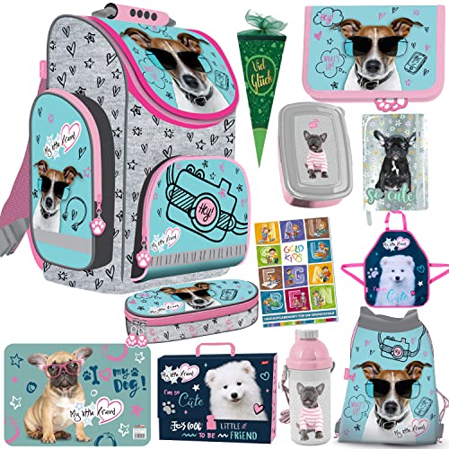 Goldkids 12er XXL Set Schulranzen Ranzen Tornister Federmappe Turnbeutel Turnsack Zuckertüte Malunterlage Tagebuch Brotdose Trinkflasche Schürze Aktenmappe Stiftetasche Aufgabenheft Hund Dog Motiv von Goldkids