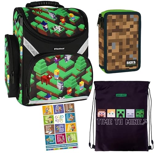 4er Set Schulranzen Ranzen Tornister Federmappe Turnbeutel Turnsack Aufgabenheft für die Grundschule Video Game Pixel Mine and Craft Motiv von Goldkids