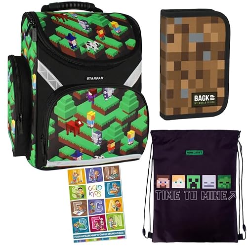 4er Set Schulranzen Ranzen Tornister Federmappe Turnbeutel Turnsack Aufgabenheft für die Grundschule Video Game Pixel Mine and Craft Motiv von Goldkids