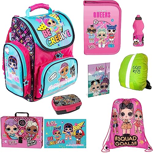 Goldkids 9-teiliges LOL Set Schulrucksack Ranzen Turnbeutel Brotdose Trinkflasche Aktentasche Federmappe Regenschutz Mädchen von Goldkids