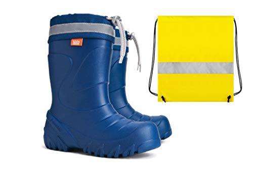 Demar Gummistiefel Ultra Leichte Kinder Regenstiefel Kinderstiefel blau gefüttert Eva Schaum mit Innensocken + Schuhbeutel Neongelb Jungen Mädchen (26/27) von Goldkids