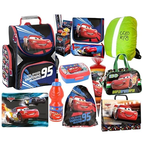 Goldkids Disney Cars XXL Set Ranzen Schulranzen Tornister Federtasche Federmappe Turnbeutel Brotdose Trinkflasche Regenschutz 12 teiliges Set Schulset Junge von Goldkids