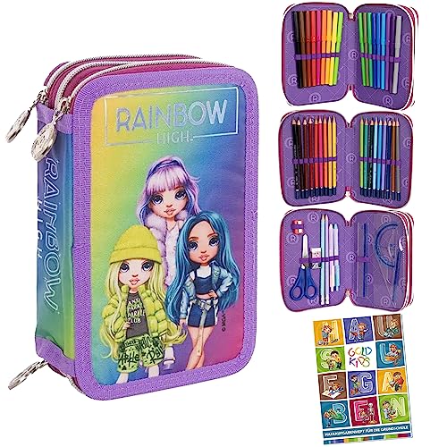 Federtasche 3-fache Federmappe rmäppchen Mädchen Rainbow High Silver Style Motiv Federmäppchen 46-teilig gefüllte Schüleretui Stifte und Pinsel inkl.hausaugabenheft Federbox Etui Schul-Etui 1.Klasse von Goldkids