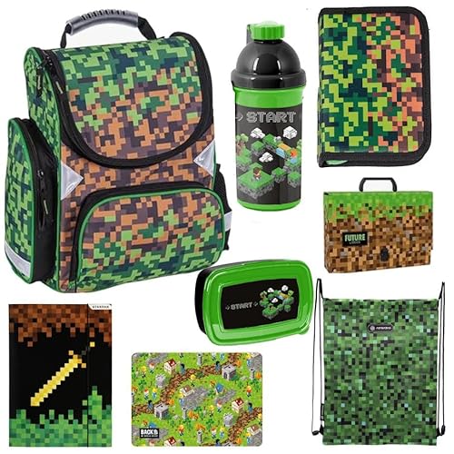 Game Pixel Schulranzen ergonomischer Ranzen Federmappe Turnbeutel Malunterlage Aktentasche Gummizugmappe Trinkflasche Brotdose 8er-Set. Geeignet ab der ersten Klasse der Grundschule. von Goldkids