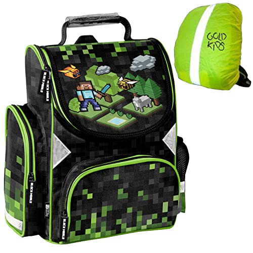 Game Pixel Schulrucksack Schulranzen ergonomischer Ranzen Tornister Rucksack Schulltasche Jungen Mädchen inkl. Regenschutz von Goldkids