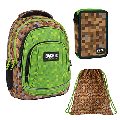 Goldkids 3er Set Pixel Game Motiv Rucksack Schulrucksack Tagesrucksack Freizeit Sport Schule + Turnbeutel + Federmäppchen Federmappe von Goldkids