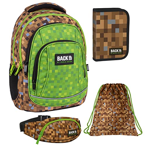 Goldkids 4er Set Pixel Game Motiv Rucksack Schulrucksack Tagesrucksack Freizeit Sport Schule + Turnbeutel + Federmäppchen Federmappe + Gürteltasche von Goldkids