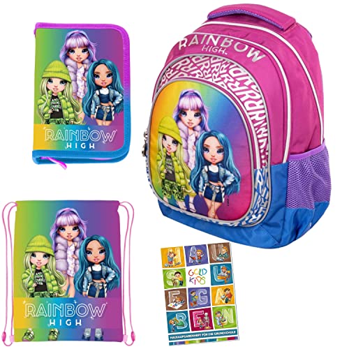 Goldkids 4er Set Schulrucksack Rucksack Federmappe Turnbeutel Aufgabenheft Rainbow High Motiv geeignet ab der ersten Klasse der Grundschule von Goldkids