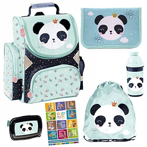 Goldkids 6er Set Schulranzen Ranzen Tornister Schulrucksack Federmappe Turnbeutel Turnsack Brotdose Trinkflasche Aufgabenheft Panda Motiv ab 1 Klasse von Goldkids