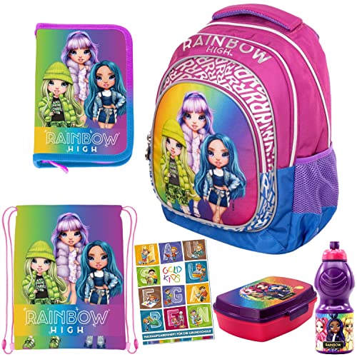 Goldkids 6er Set Schulrucksack Rucksack Federmappe Turnbeutel Brotdose Trinkflasche Aufgabenheft Rainbow High Motiv geeignet ab der ersten Klasse der Grundschule von Goldkids