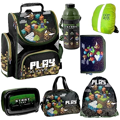 Schulranzen set jungen 1. klasse 7-teilig Ranzen Tornister Schulrucksack Federmappe Turnbeutel Turnsack Brotdose Trinkflasche Sporttasche Regenschutz Game Pixel Motiv mäppchen von Goldkids