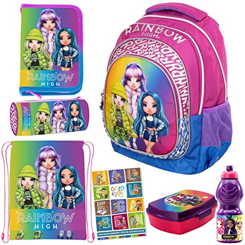 Goldkids 7er Set Schulrucksack Rucksack Federmappe Turnbeutel Brotdose Trinkflasche Schlamperrolle Aufgabenheft Rainbow High Motiv geeignet ab der ersten Klasse der Grundschule von Goldkids