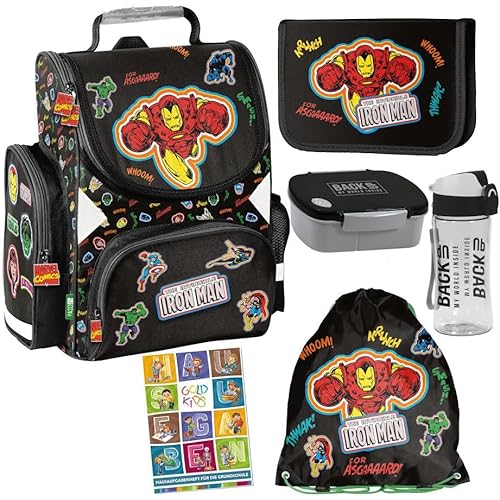 Goldkids Avengers Marvel Schulranzen Set ergonomischer Ranzen Federmappe Turnbeutel Trinkflasche Brotdose Aufgabenheft für die Grundschule 6er Set. Geeignet ab der ersten Klasse der Grundschule. von Goldkids