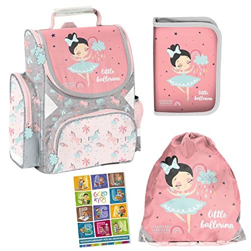 Goldkids Ballerina Schulranzen ergonomischer Ranzen Federmappe Turnbeutel Aufgabenheft für die Grundschule 4er Set. Geeignet ab der ersten Klasse der Grundschule. von Goldkids