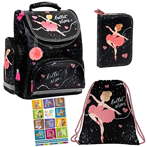 Goldkids Ballerina Tänzerin Schulranzen 4er Set Ranzen Tornister Federmappe Federmäppchen Turnbeutel Turnsack Aufgabenheft für die Grundschule von Goldkids