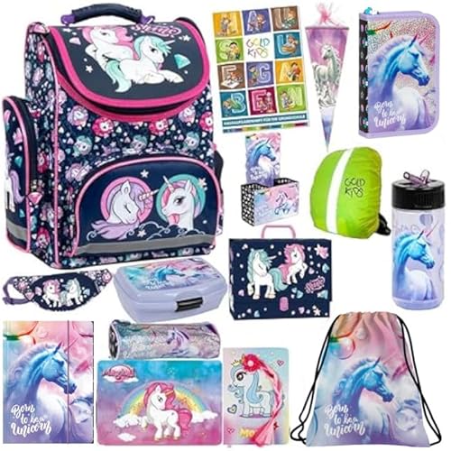 Goldkids Einhorn Schulranzen XXL Set 15er Ranzen Tornister Federmappe Turnbeutel Gummizugmappe Zuckertüte Brotdose Trinkflasche Aufgabenheft Aktentasche Unicorn Motiv von Goldkids