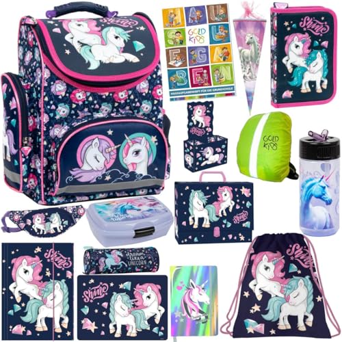 Goldkids Einhorn Schulranzen XXL Set 15er Ranzen Tornister Federmappe Turnbeutel Gummizugmappe Zuckertüte Brotdose Trinkflasche Aufgabenheft Aktentasche Unicorn Motiv von Goldkids