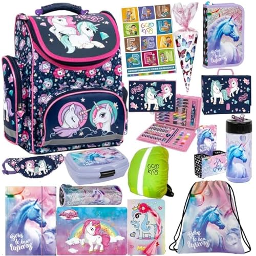 Goldkids Einhorn Schulranzen XXL Set 16er Ranzen Tornister Federmappe Turnbeutel Gummizugmappe Zuckertüte Brotdose Trinkflasche Aufgabenheft Aktentasche Unicorn Motiv von Goldkids
