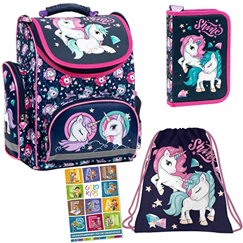 Goldkids Einhorn Unicorn Schulranzen 4er Set Ranzen Tornister Federmappe Federmäppchen Turnbeutel Turnsack Aufgabenheft für die Grundschule von Goldkids