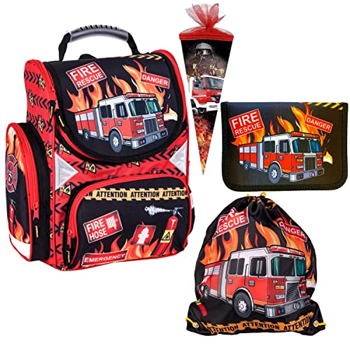 Goldkids Feuerwehr Firefighters Schulranzen Grundschule ergonomischer Ranzen Federmappe Federtasche Federmäppchen ohne Inhalt Turnbeutel Zuckertüte 4er Set Fire von Goldkids