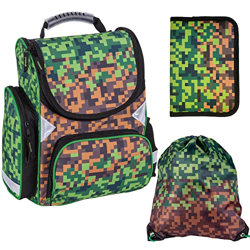 Game Pixel Schulranzen ergonomischer Ranzen Federmappe Turnbeutel 3er Set. Geeignet ab der ersten Klasse der Grundschule. von Goldkids